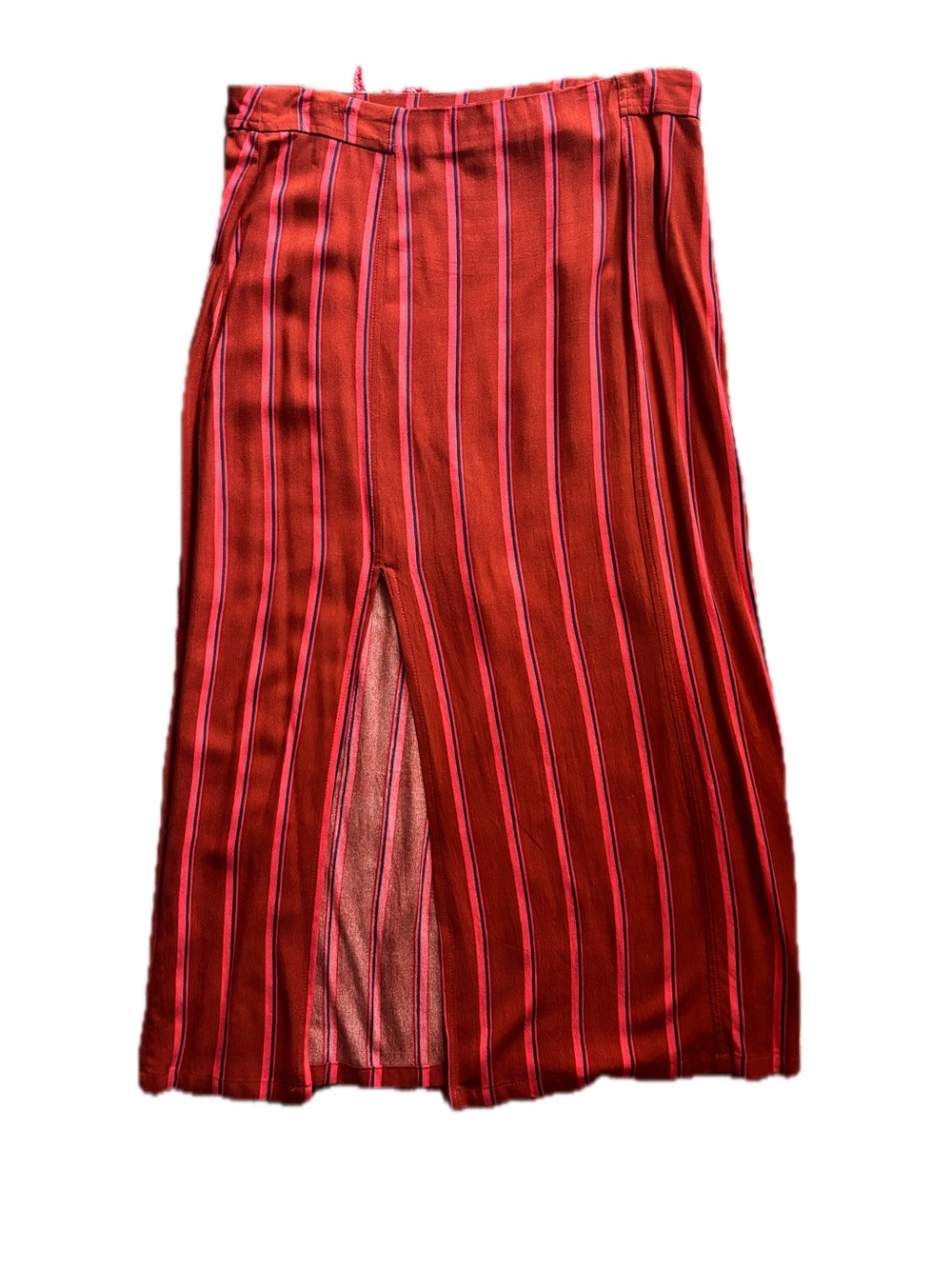 Free People Rust, Pink, and Blue Striped Midi Skirt with Front Slit